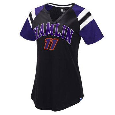Women's Starter Black/Purple Denny Hamlin Game On Notch V-Neck T-Shirt