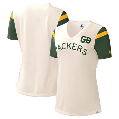 Women's Starter Cream Green Bay Packers Kick Start V-Neck T-Shirt