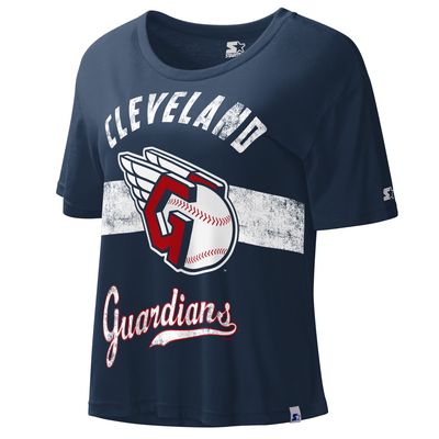 Women's Starter Navy Cleveland Guardians Record Setter Crop Top