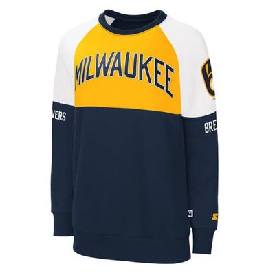 Women's Starter Navy/Gold Milwaukee Brewers Baseline Raglan Pullover Sweatshirt