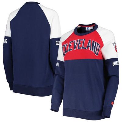 Women's Starter Navy/Red Cleveland Guardians Baseline Raglan Historic Logo Pullover Sweatshirt