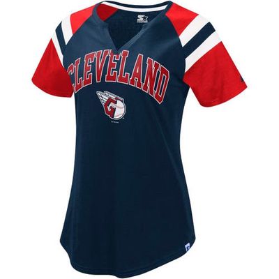 Women's Starter Navy/Red Cleveland Guardians Game On Notch Neck Raglan T-Shirt