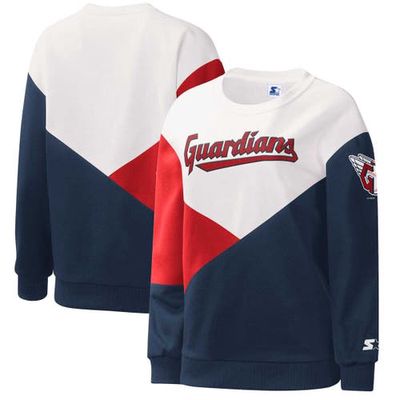 Women's Starter White/Navy Cleveland Guardians Shutout Pullover Sweatshirt