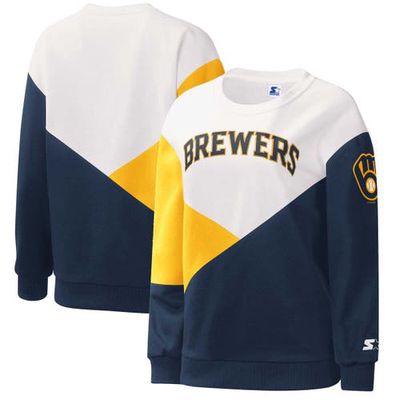 Women's Starter White/Navy Milwaukee Brewers Shutout Pullover Sweatshirt