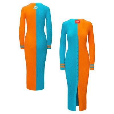 Women's STAUD Aqua/Orange Miami Dolphins Shoko Knit Button-Up Sweater Dress