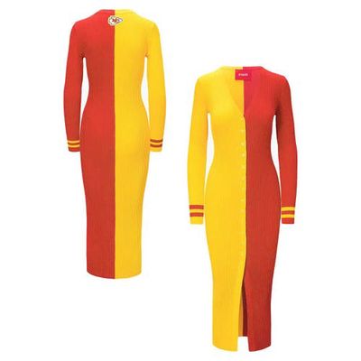 Women's STAUD Gold/Red Kansas City Chiefs Shoko Knit Button-Up Sweater Dress