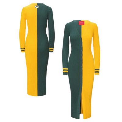 Women's STAUD Green/Gold Green Bay Packers Shoko Knit Button-Up Sweater Dress