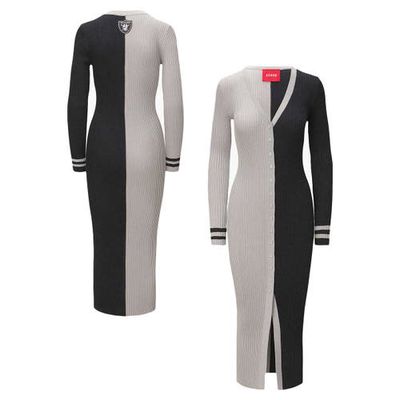 Women's STAUD Silver/Black Las Vegas Raiders Shoko Knit Button-Up Sweater Dress