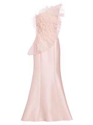 Women's Strapless Feather-Embellished Gown - Blush - Size 8