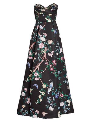 Women's Strapless Floral Satin Gown - Black - Size 12