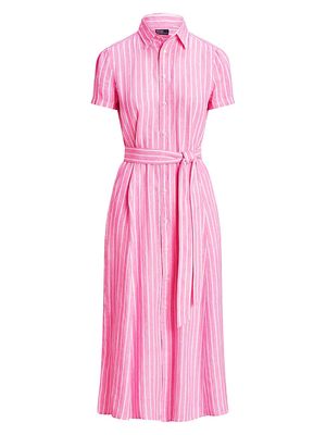 Women's Striped Linen Self-Tie Shirtdress - Beach Pink White - Size 2