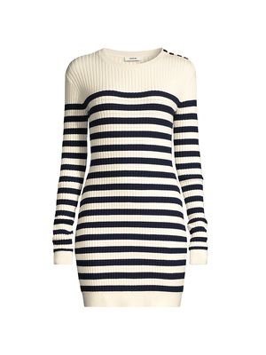 Women's Striped Merino Wool Knit Sweaterdress - Chalk Navy - Size XS