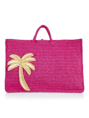 Women's Terra Palm Tree Raffia Tote Bag - Hot Pink - Hot Pink