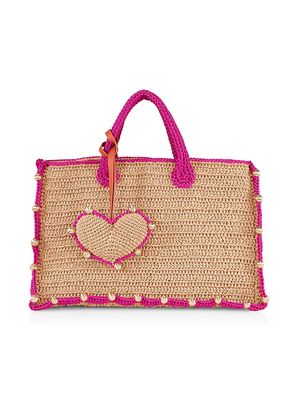 Women's Terra Raffia Heart Tote Bag - Natural Hot Pink - Natural Hot Pink