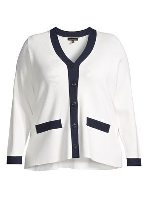 Women's The Hilda Rib-Knit Cardigan - White With Navy - Size 14 - White With Navy - Size 14