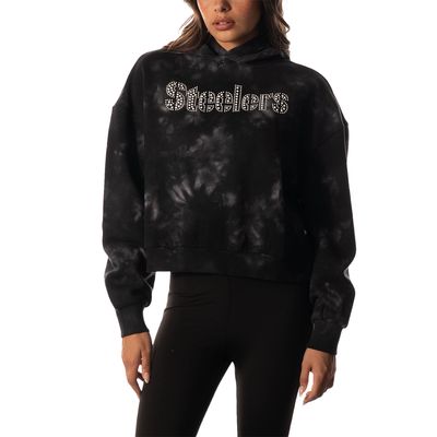 Women's The Wild Collective Black Pittsburgh Steelers Tie-Dye Cropped Pullover Hoodie
