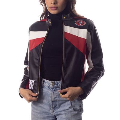 Women's The Wild Collective Black San Francisco 49ers Faux Leather Full-Zip Racing Jacket