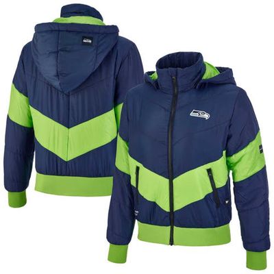 Women's The Wild Collective College Navy Seattle Seahawks Puffer Full-Zip Hoodie Jacket