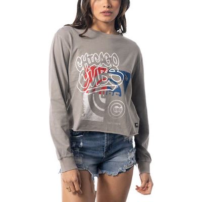 Women's The Wild Collective Gray Chicago Cubs Cropped Long Sleeve T-Shirt