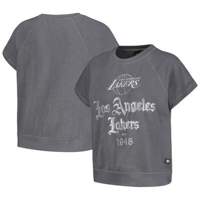 Women's The Wild Collective Gray Los Angeles Lakers Embroidered Fleece Raglan Short Sleeve Pullover Sweatshirt