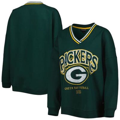 Women's The Wild Collective Green Green Bay Packers Vintage V-Neck Pullover Sweatshirt