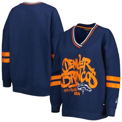 Women's The Wild Collective Navy Denver Broncos Vintage V-Neck Pullover Sweatshirt