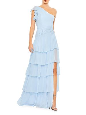 Women's Tiered Chiffon One-Shoulder Gown - Powder Blue - Size 2