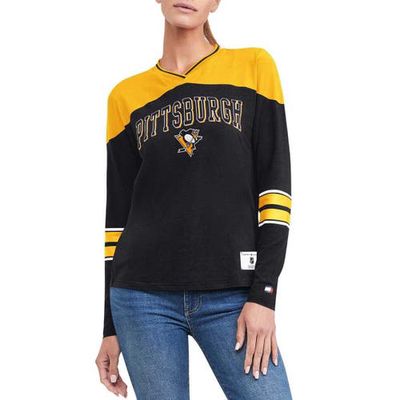 Women's Tommy Hilfiger Black Pittsburgh Penguins Abigail V-Neck Long Sleeve T-Shirt