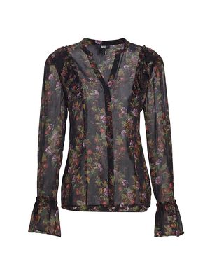 Women's Tuscany Silk Floral Blouse - Black Multi - Size Large