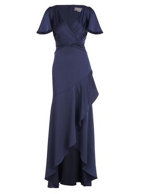 Women's Valencia Flutter-Sleeve Satin Gown - Navy - Size 14