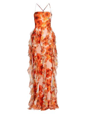 Women's Valentin Floral Ruffle Gown - Orange Print - Size 6