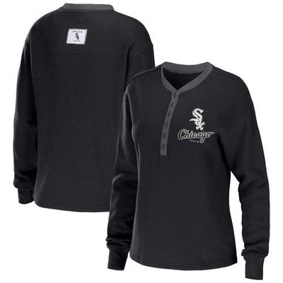 Women's WEAR by Erin Andrews Black Chicago White Sox Waffle Henley Long Sleeve T-Shirt