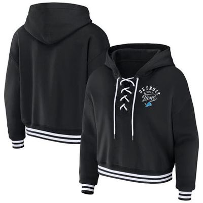 Women's WEAR by Erin Andrews Black Detroit Lions Lace-Up Pullover Hoodie