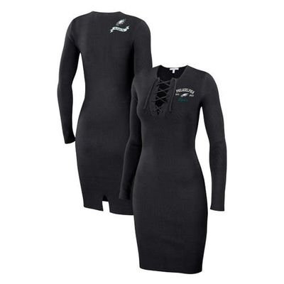 Women's WEAR by Erin Andrews Black Philadelphia Eagles Lace Up Long Sleeve Dress