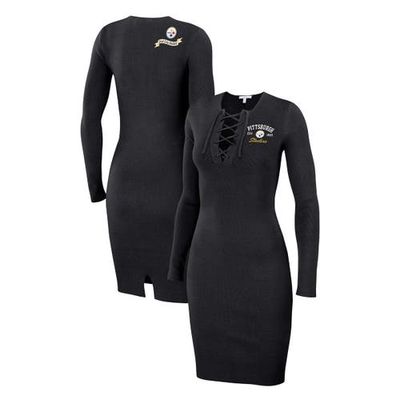 Women's WEAR by Erin Andrews Black Pittsburgh Steelers Lace Up Long Sleeve Dress