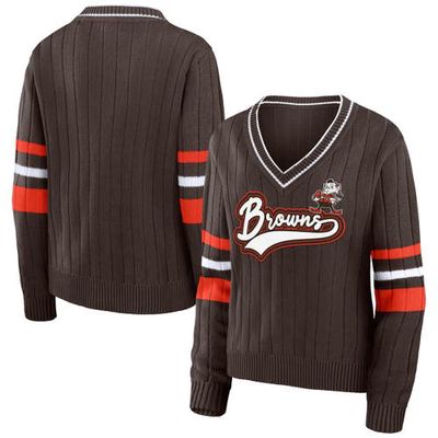 Women's WEAR by Erin Andrews Brown Cleveland Browns Throwback V-Neck Sweater