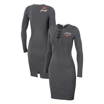 Women's WEAR by Erin Andrews Charcoal Cleveland Browns Lace Up Long Sleeve Dress