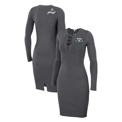 Women's WEAR by Erin Andrews Charcoal Miami Dolphins Lace Up Long Sleeve Dress