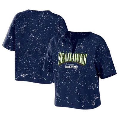 Women's WEAR by Erin Andrews College Navy Seattle Seahawks Bleach Wash Splatter Notch Neck Cropped T-Shirt