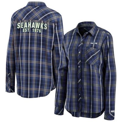 Women's WEAR By Erin Andrews College Navy Seattle Seahawks Button-Up Plaid Long Sleeve Shirt