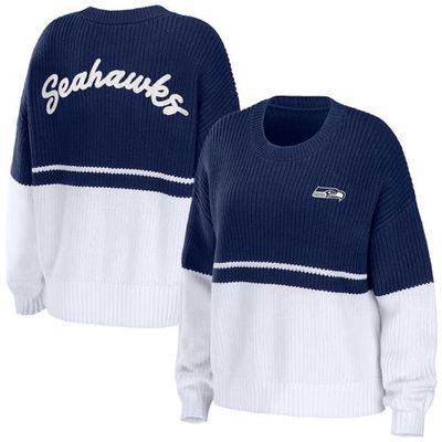 Women's WEAR by Erin Andrews College Navy/White Seattle Seahawks Chunky Script Wordmark Pullover Sweater