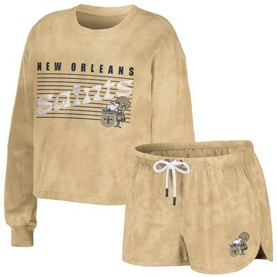 Women's WEAR by Erin Andrews Gold New Orleans Saints Tie-Dye Cropped Pullover Sweatshirt & Shorts Lounge Set