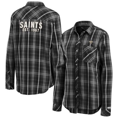 Women's WEAR By Erin Andrews Gray New Orleans Saints Button-Up Plaid Long Sleeve Shirt