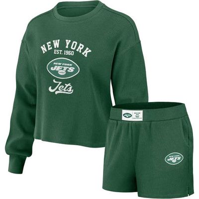 Women's WEAR by Erin Andrews Green New York Jets Waffle Knit Long Sleeve T-Shirt & Shorts Lounge Set
