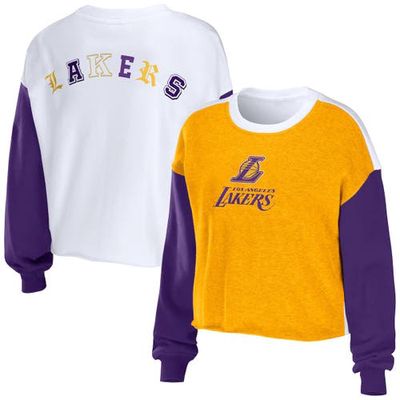 Women's WEAR by Erin Andrews Heather Gold Los Angeles Lakers Mixed Letter Cropped Pullover Sweatshirt