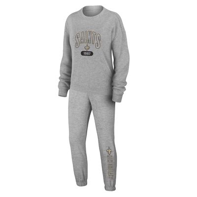 Women's WEAR by Erin Andrews Heather Gray New Orleans Saints Plus Size Knitted Tri-Blend Long Sleeve T-Shirt & Pants Lounge Set