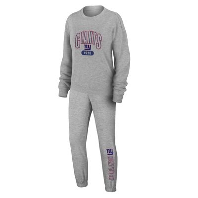 Women's WEAR by Erin Andrews Heather Gray New York Giants Knit Long Sleeve Tri-Blend T-Shirt & Pants Sleep Set