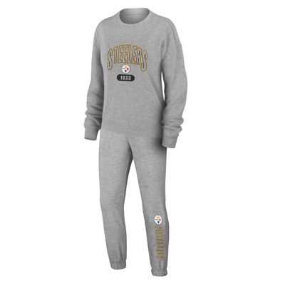 Women's WEAR by Erin Andrews Heather Gray Pittsburgh Steelers Knit Long Sleeve Tri-Blend T-Shirt & Pants Sleep Set