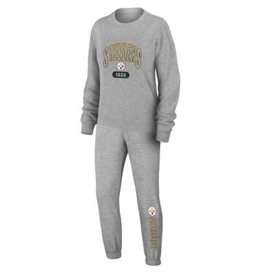 Women's WEAR by Erin Andrews Heather Gray Pittsburgh Steelers Plus Size Knitted Tri-Blend Long Sleeve T-Shirt & Pants Lounge Set