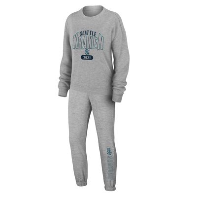 Women's WEAR by Erin Andrews Heather Gray Seattle Kraken Knit Long Sleeve Tri-Blend T-Shirt & Pants Sleep Set